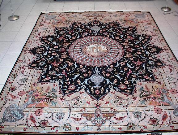 Very Fine Persian Isfahan carpet with a picturial and star shaped design, which is very hard to find in Oriental rugs. Even though my specialty is in Tabriz and Qom Persian rugs, I am also on occasion able to offer other types of oriental carpets like this Isfahan rug. Picturial rugs are sought after for their uniqueness and are often hang on walls or even framed. Most of my oriental carpets sell very quickly due to my passion for quality and they often keep their value as they get older.
