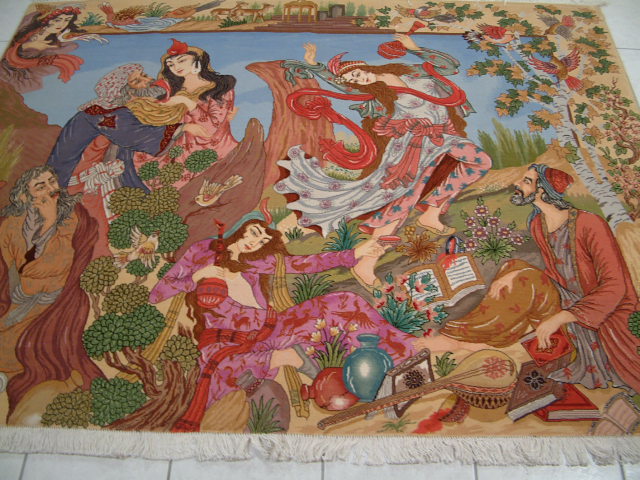 A large almost square sized Tabriz Persian rug with a colorful picture design, which is much more common in smaller oriental carpets. Pictorial carpets like this one are often framed and tend to keep their value since they are rarely ever stepped on. Also, due to the fact that the pictorial oriental rugs are often very unique, they tend to sell faster and are much harder to replace than ordinary Persian carpets.