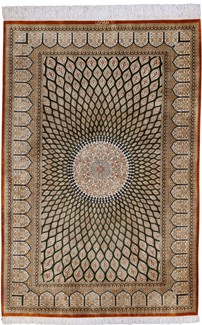 green gold qum silk persian carpet dome gonbad design