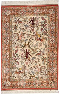 pictorial hunting design silk qom persian carpet