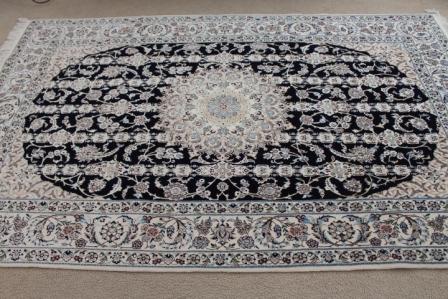 8x5 Blue Nain 6Lah Persian rug. Very fine Nain Persian carpet with lots of silk highlights.
