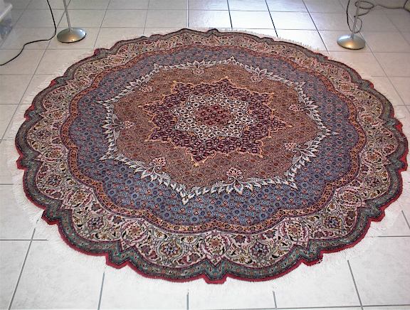 55 Raj Round Tabriz Persian rug with a silk foundation. Beige round Tabriz Persian carpet.