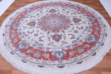 55 Raj Round Tabriz Persian rug with a silk foundation. Beige round Tabriz Persian carpet.