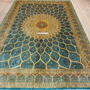 6x9 2mx3m silk Gonbad qum Persian rug with signature; Handmade Qom turquois silk carpet